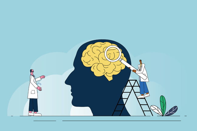 Illlustration of two doctors looking at a brain with a magnifying glass.
