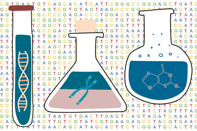 Test tube and two beakers overtop of colored letters that represent the letters of DNA.
